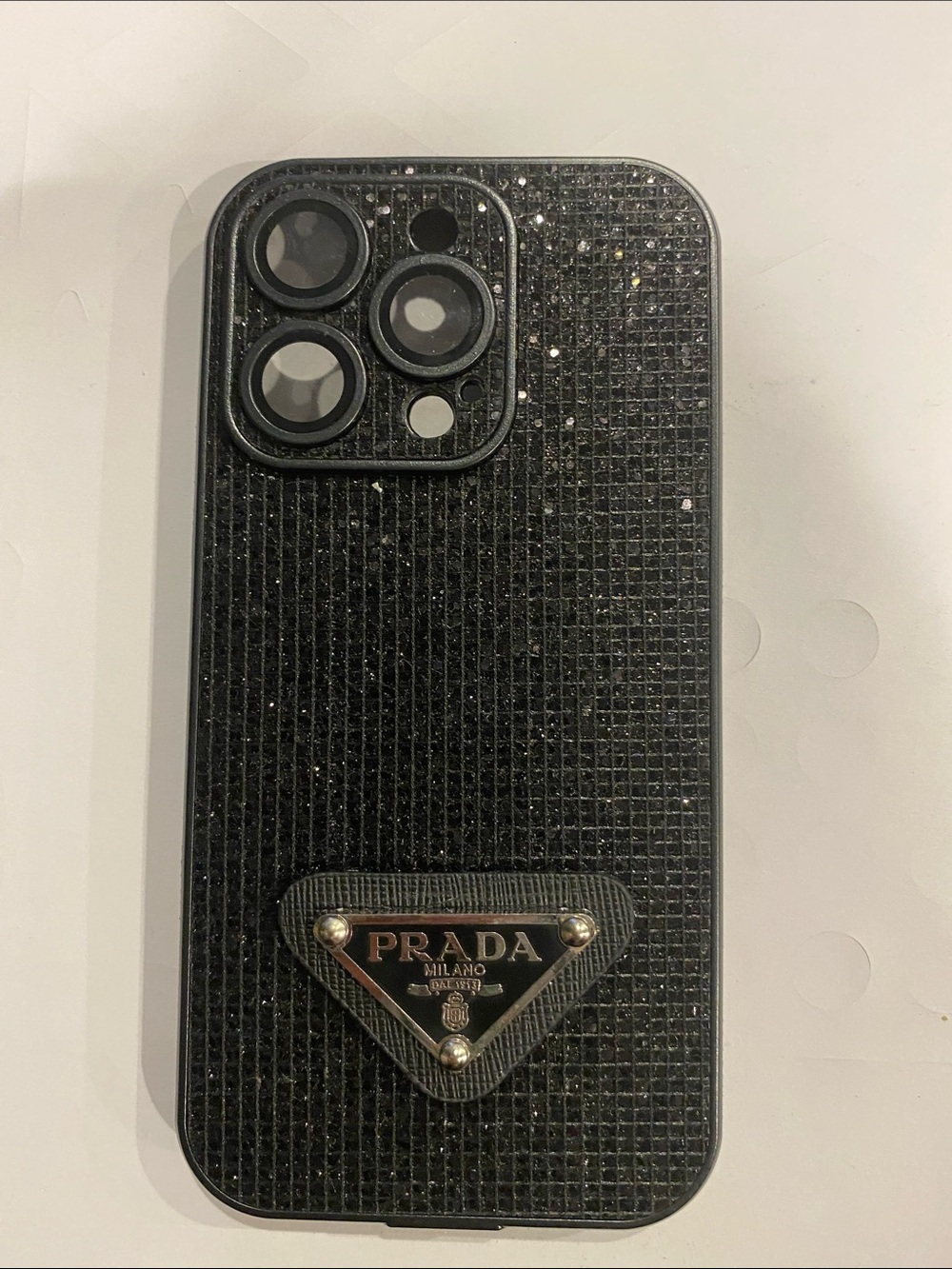 Prada Black Glitter Logo Phone Case iPhone 14 Pro case